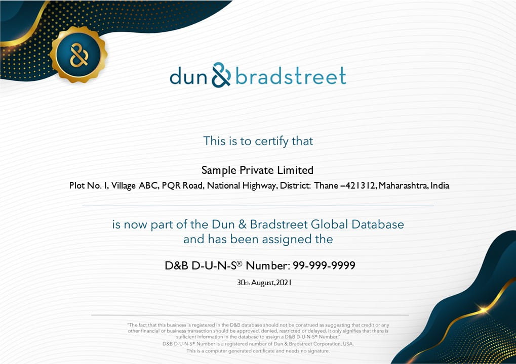 DUNS Number Certificate